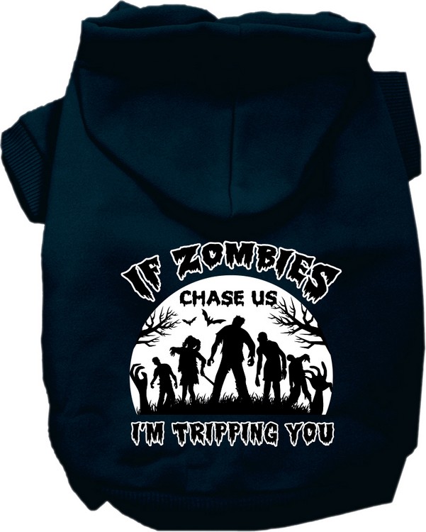 If Zombies Chase Us Screen Print Dog Hoodie Navy Blue Size XS